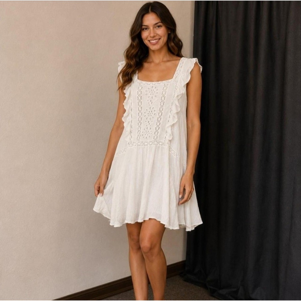 Free People Priscilla Ruffled Crochet Trim Mini Dress Small  Boho Square Neck